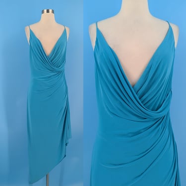 Vintage Y2K Laundry Shelli Segal 6 Blue Slinky Draped Front Sheath Dress 