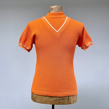 Vintage 1960s Orange Cotton Knit Casual T-Shirt, Mid-Century Short Sleeve Ribbed Pullover with Mock-Neck Dickie, Small 36