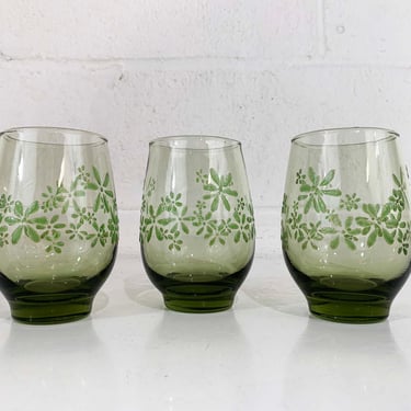 Vintage Libbey Flower Power Glasses Green Set of 3 Floral Daisy Textured Flowers Wine Glass 1960s 