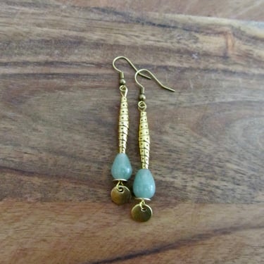 Green jadeite boho chic earrings, gold 