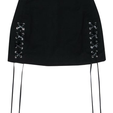 Helmut Lang - Black Cotton Miniskirt w/ Leather Lace-Up Sides Sz 8