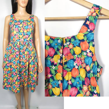 Vintage 90s Bright Spring Flowers All Cotton Sun Dress Size Youth L 12/14 Or Womens XS 