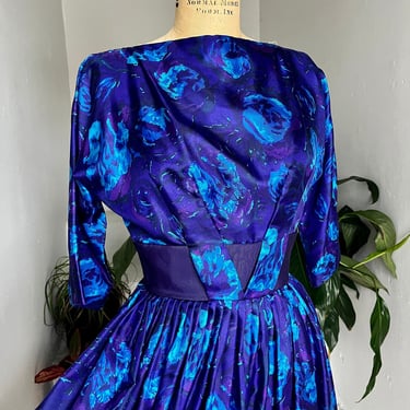 Beautiful MCM Boat Neck Cocktail Party Dress Purple and Blue Floral Silky 34 Bust Vintage R&K Originals 
