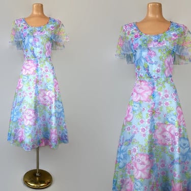TLC SALE- Vintage 60s 70s Floral Chiffon Day Dress | 1960s 1970s Garden Party Full Dress | As-Is Wounded Sale | VFG 