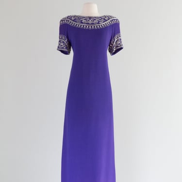 Elegant 1970's Amethyst Evening Gown With Beaded Neckline and Sleeves / SM