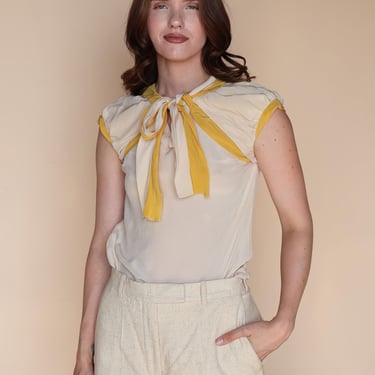 Vintage Miu Miu Silk Cream & Yellow Paneled Neck Tie Detailed Top sz XS S Y2K Pussy Bow Cap Sleeve 