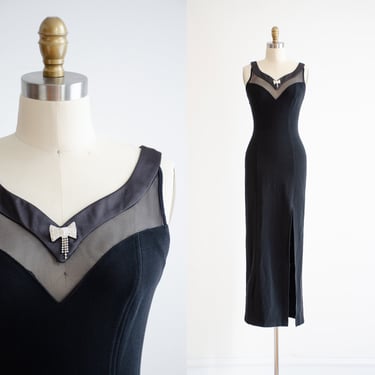 long black dress 90s designer vintage Lillie Rubin sleek minimalist mesh cutout neckline high slit floor length gown 