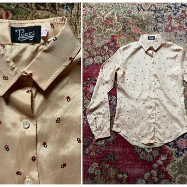 Vintage ‘70s Tucci diamond print silky blouse | pale marigold dress shirt, ladies S 