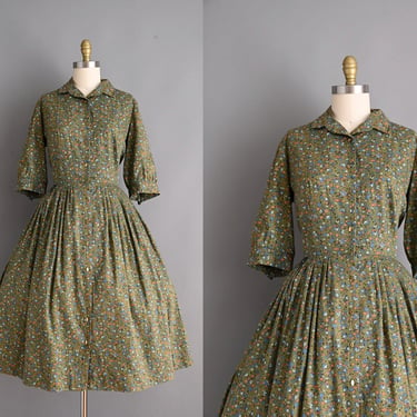 Vintage 1950s Dress | Nancy Green Floral Print Shirtwaist Full Skirt Cotton Dress | Large XL 