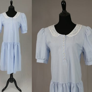 80s Drop Waist Dress - Light Blue w/ White Lace Collar - Puff Sleeves - Betsy's Things - Vintage 1980s - M L 