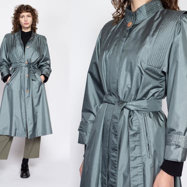 Small 80s Shiny Belted Slate Blue Trench Coat | Vintage Chiango Fleet Street Button Up Oversized Long Jacket 