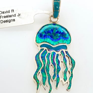 David R Freeland Jr Artisan Opal & Stone Inlay Jellyfish Pendant Sterling Silver 