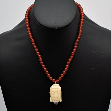 70's nephrite jade 925 silver buddha head pendant, sterling carnelian beads mystic hippie necklace 