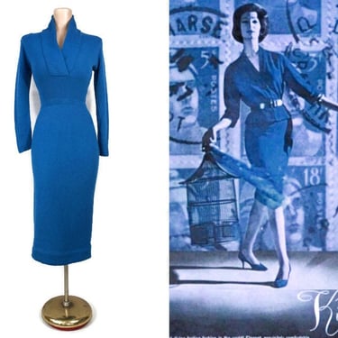 VINTAGE 1950s Peacock Blue Knit Wiggle Dress by Kimberly Knitwear | 50s Virgin Wool Nylon Blend Curvy Bombshell Sweater Dress | VFG 
