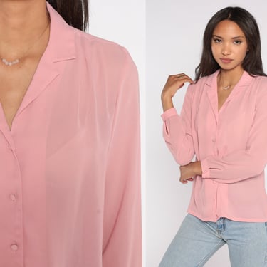 Pink Chiffon Blouse Sheer Top 80s Boho Party Cocktail Formal Shirt 1980s Button Up Vintage Bohemian Long Sleeve Small S 6 
