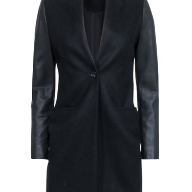 All Saints - Black Wool Blend Coat w/ Lamb Leather Sleeves & Collar Sz 00