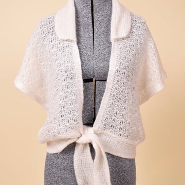 White Knit Short Sleeve Shrug Sweater, M