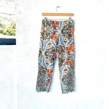 Vintage Y2K Embroidered Lace Cutout Pants Beaded Cropped Floral Brocade Capris 