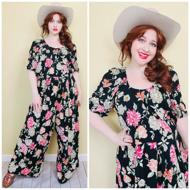 1990s Vintage SL Fashions Black Floral Smocked Jumpsuit / 90s Pink Flower Gaucho Pants Smocked Bodice Playsuit / Size 1X 