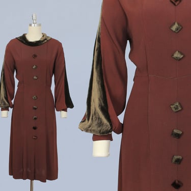 1930s Dress / 30s Chocolate Crepe and Velvet Dress / Bishop Sleeves 