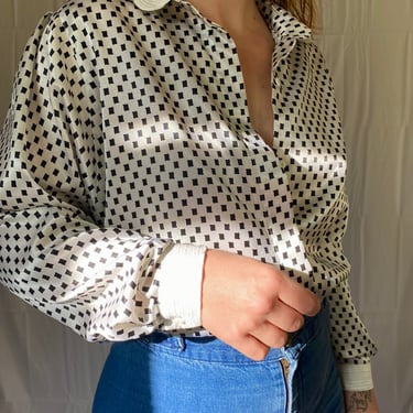 80s Satin Blouse Vintage Checkered Blouse Satin Black White Checkered Top Vintage Houndstooth Blouse Vintage Satin Top Button Up Top 