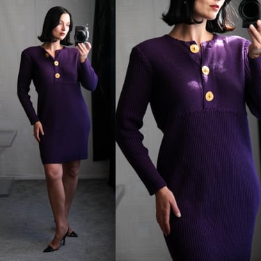 Vintage 80s STEVE FABRIKANT Purple Santana Knit Sweater Dress w/ Heavy Hammered Matte Gold Buttons | Made in USA | 1980s Designer Knit Dress 