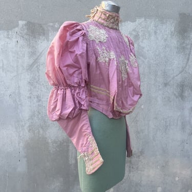 Antique Victorian Pink Silk Bodice Blouse Gigot Sleeve Lace Velvet Ribbon