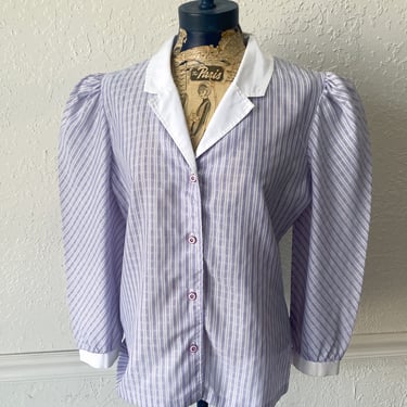 PENNHURST 1980s Lavender Stripe Puff Sleeve Collared Blouse. Medium/Large. Sunny South. By Copperhive Vintage. 