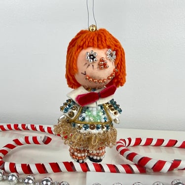 Vintage Bead & Sequin Push Pin Raggedy Ann Doll Ornament, Christmas Ornament, Orange Yarn Hair, Bow Tie, Hand Beaded pinned doll, Holidays 