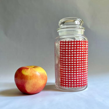 Vintage Anchor Hocking, Glass Storage Apothecary Jar, Kitchen Bathroom Pantry - Bubble Top, Red White Gingham, Farmhouse Decor, Made in USA 