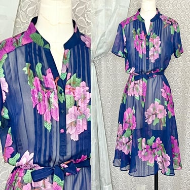 Sheer Button Down Dress, Belted Waist, Bold Floral Print on Sheer Stripes, Nanette Lapore, Pleated Front, Size 6 US 