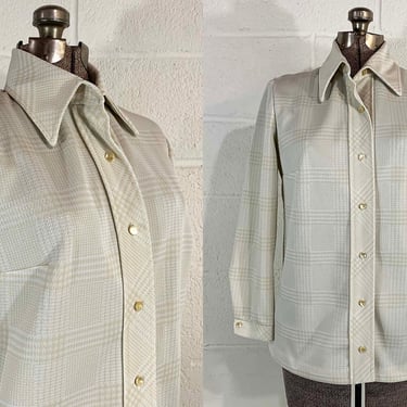 Vintage Ivory Jacket Button Front Long Sleeve Plaid Shirt Top Collar Blouse Beige Stage 7 Mod Cardigan 1970s 70s Medium Large XL 