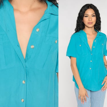 Turquoise Silk Blouse Y2k Blue Button Up Shirt Retro Plain Simple Short Sleeve Top Preppy Basic Button Down Minimalist Vintage 00s Medium M 