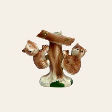 Vintage Salt and Pepper Shakers Retro 1970s Two Bear Cubs on a Tree + Porcelain + Mid Century Modern + Spice Storage + Kitchen Decor 