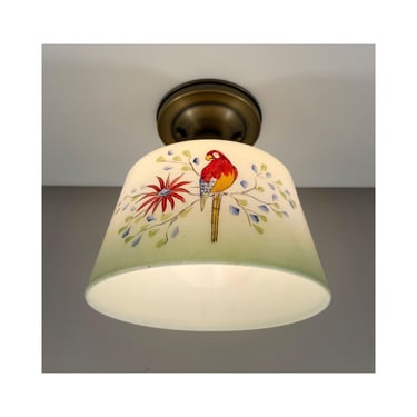 Foyer Ceiling Light - Art Deco Hand Painted Tropical Bird Shade - Antique Brass Semi Flush Fixture - 9
