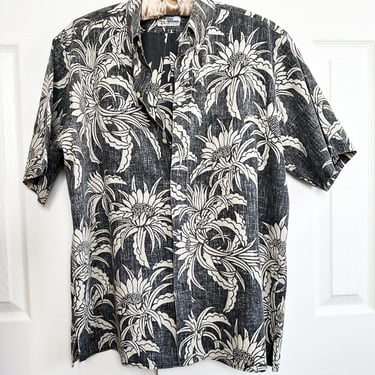 50" Chest Vintage Reyn Spooner Mens Shirt, size LARGE, Reverse Print Hawaiian Hawaii Floral Black White 