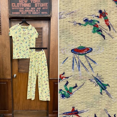 Vintage 1950’s Deadstock Outer Space Rocket Ship Atomic Print Seersucker Cotton PJ, Pajama Set, Two Piece, Deadstock, Atomic, Novelty Print 