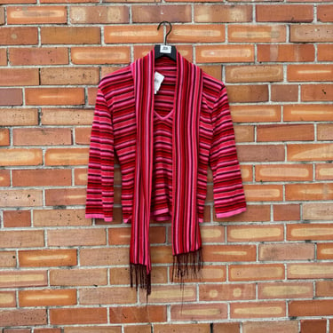 vintage y2k red and pink striped knit top with attached scarf / l large 