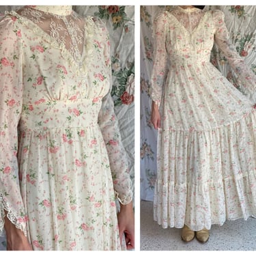 70's Gunne Sax Style Dress / Baby Pink Flowers / White Lace Ribbon Flora Dress / 1970's Prairie Dress / Summer Festival Dress / Cottagecore 