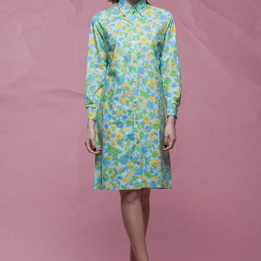 cotton shirt dress, blue yellow floral print long sleeves vintage 70s MEDIUM LARGE M L 