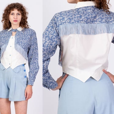 80s Fringe Daisy Floral Western Crop Top - Small | Vintage Blue White Button Up Long Sleeve Keyhole Collared Shirt 