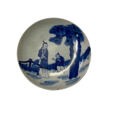 Chinese Blue White Distressed Marks People Theme Porcelain Small Plate ws3190BE 