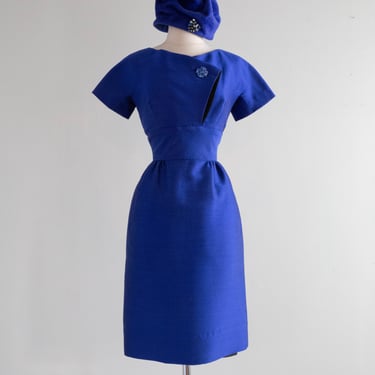 Fabulous 1960's Structured Shantung Sapphire Silk Cocktail Dress / Small