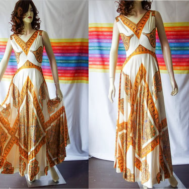 70s XS dress with huge sweep, full length psychedelic bohemian tank resortwear, evening gown, beach wedding, or cruise clothing by Keyloun 
