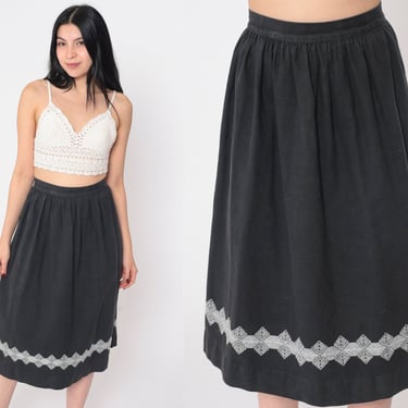 Black Midi Skirt 60s Pleated Skirt White Geometric Embroidered High Waisted Retro Sixties Summer Day Cotton Vintage 1960s Extra Small xs 