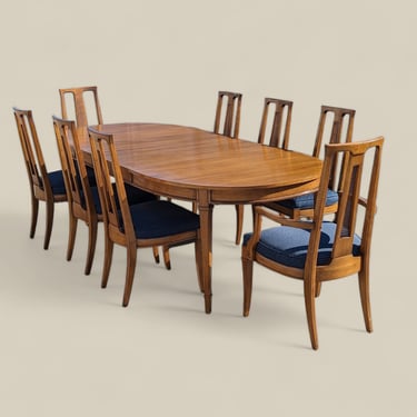 Dining Room Set by Drexel, Triune Collection, Table, Eight Chairs, 3 leaves, Oval, Mid Century, Hollywood Regency, Seats 8 