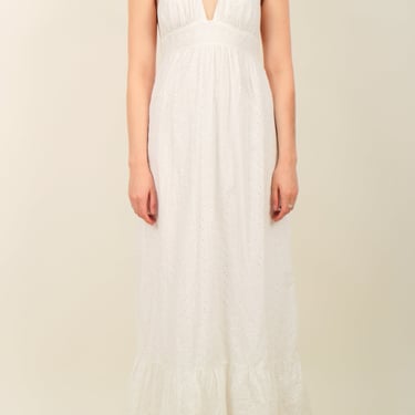 1970s white cotton blend eyelet halter neck maxi sundress