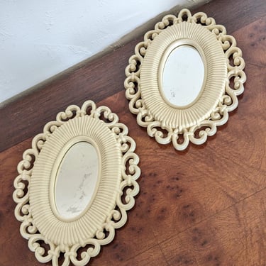 Pair of Vintage MCM Creamy White Ornate Homco Wall Mirrors 