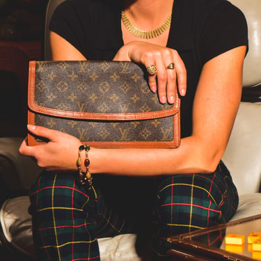 Authentic LOUIS VUITTON Pochette Dame Stitched Leather LV Monogram Clutch Bag, Vintage Designer Handbag, 