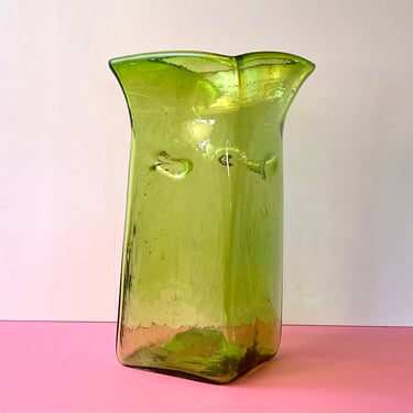 Vintage Modern Green Handblown Glass Vase In The Style of Blenko 
